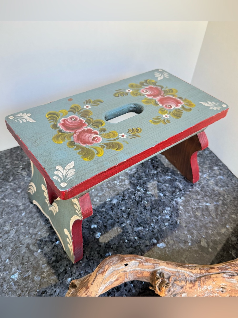 Hand Painted Floral Folk Art Wooden Stool with Heart Cutout, Deep Red/Blue